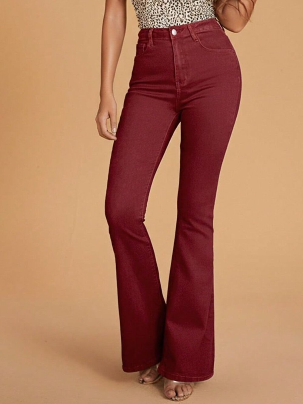 Burgundy Casual Women's High Waist Pocketed Flare Leg Jeans